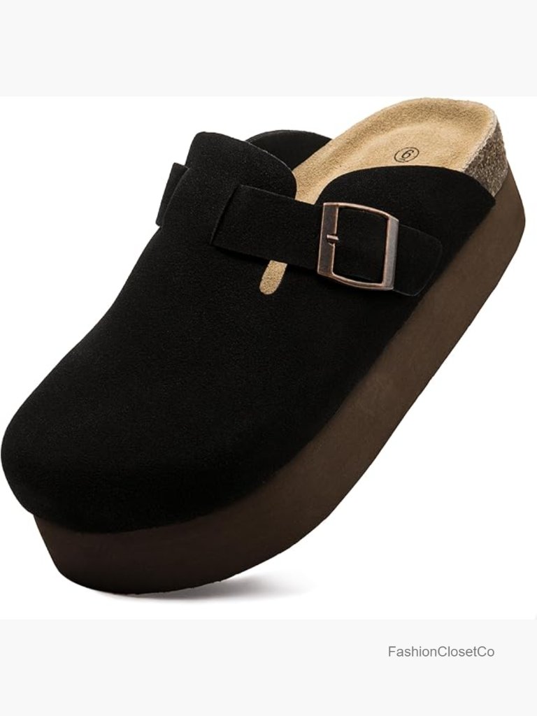 Suede Clogs Cork Footbed Platform Mules With Arch Support Adjustable Buckle